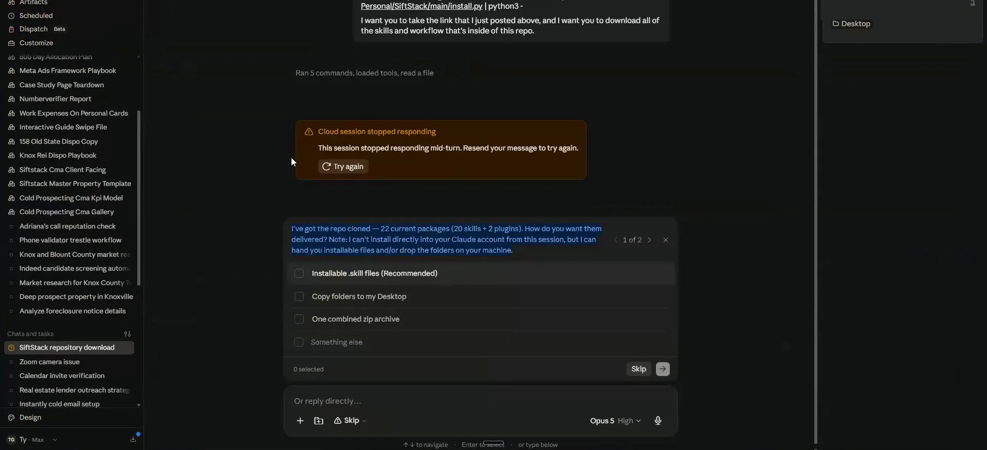 Dark workflow screen with chat panel, stopped session warning, download options, sidebar projects