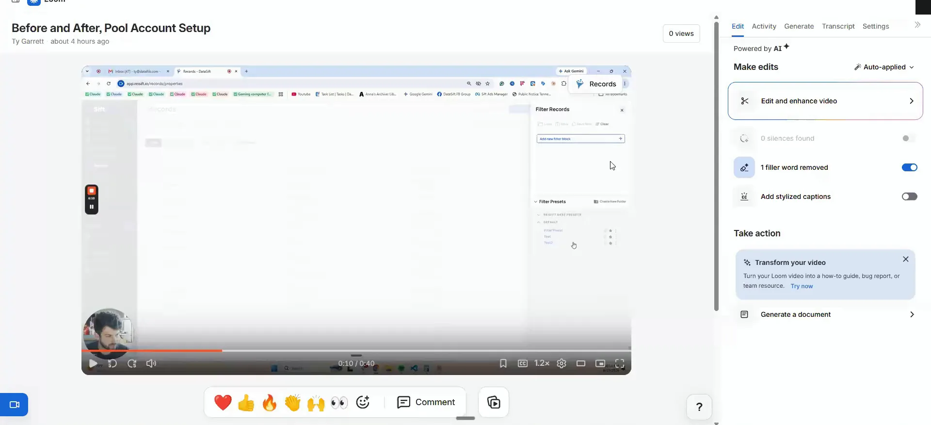 A short Loom clip playing over the DataSift Records screen and its filter panel.