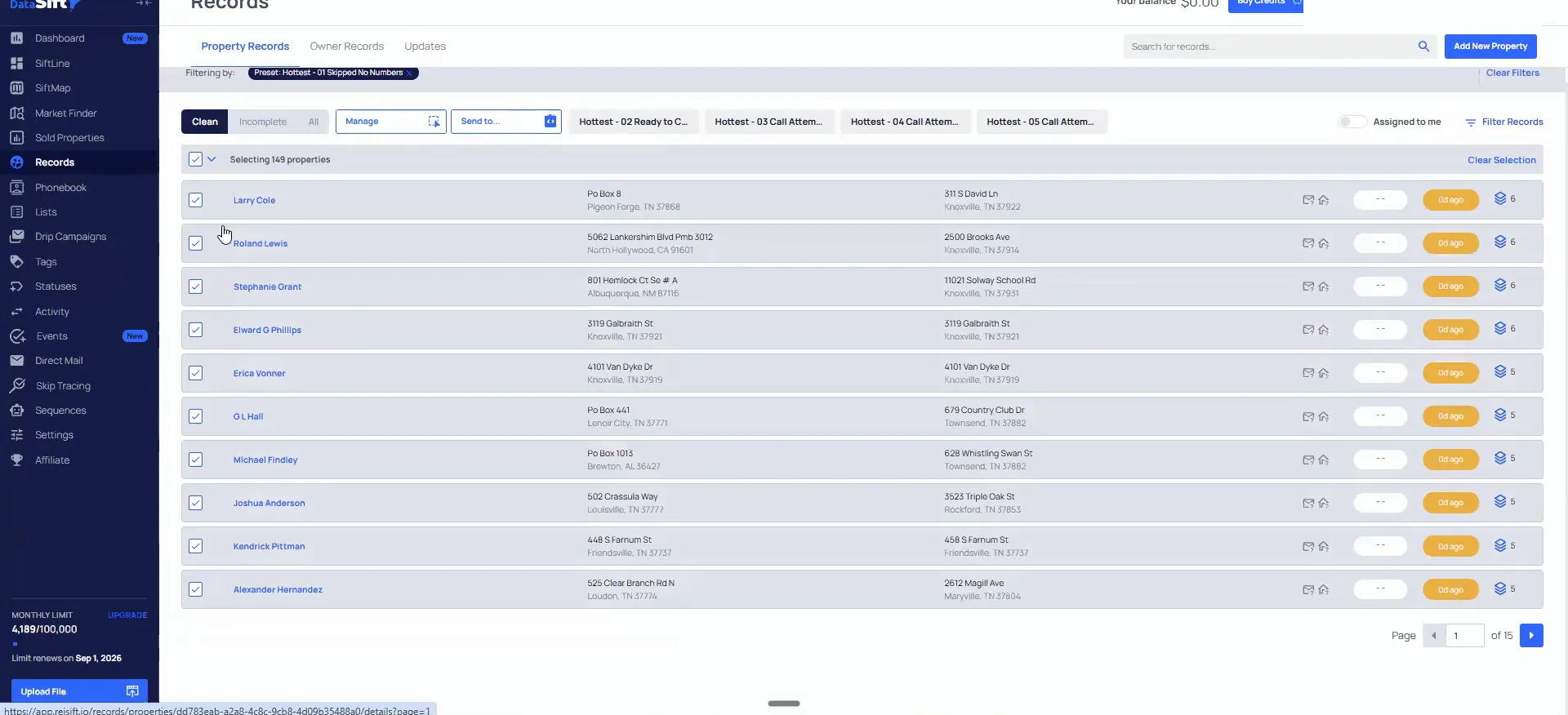 Records table in DataSift with 149 properties selected across fifteen pages of results