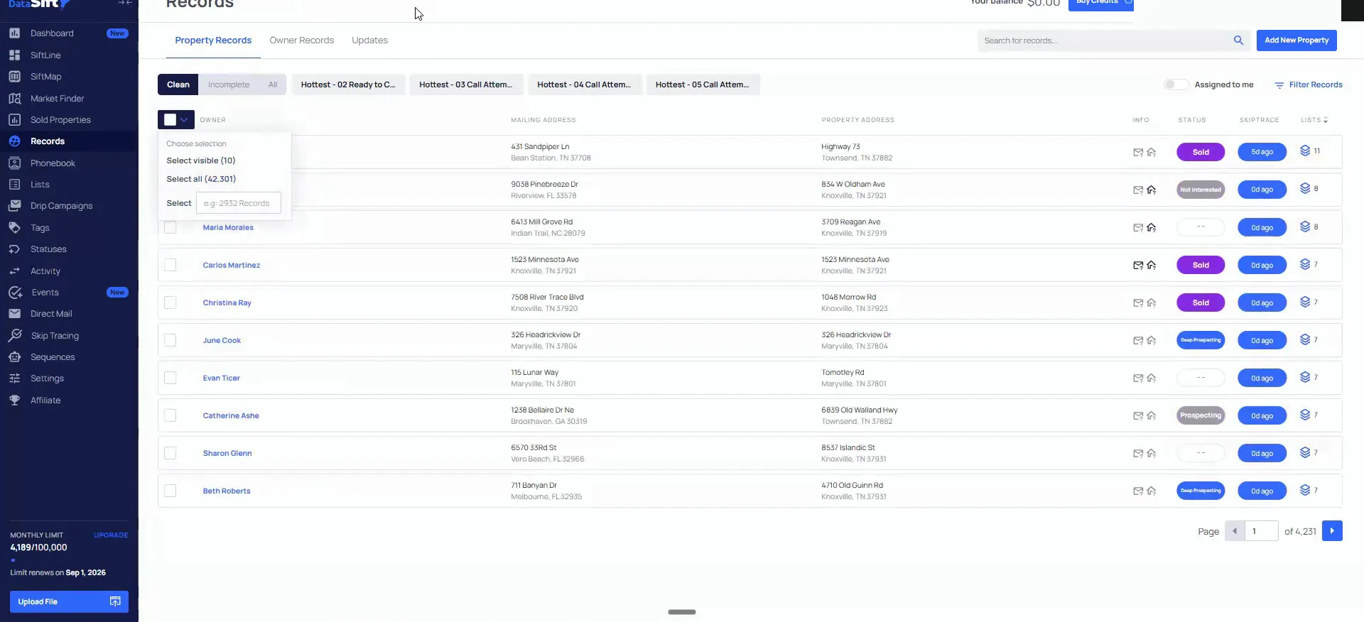 Records table showing addresses, statuses, skip trace figures and the total record count