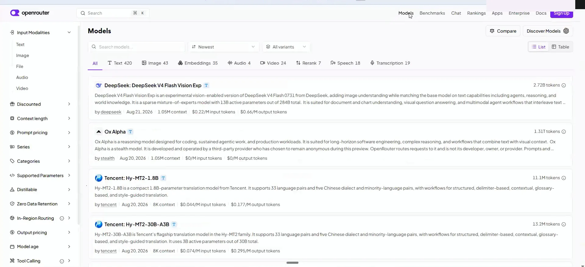 OpenRouter Models list showing model categories, token counts, context lengths and pricing