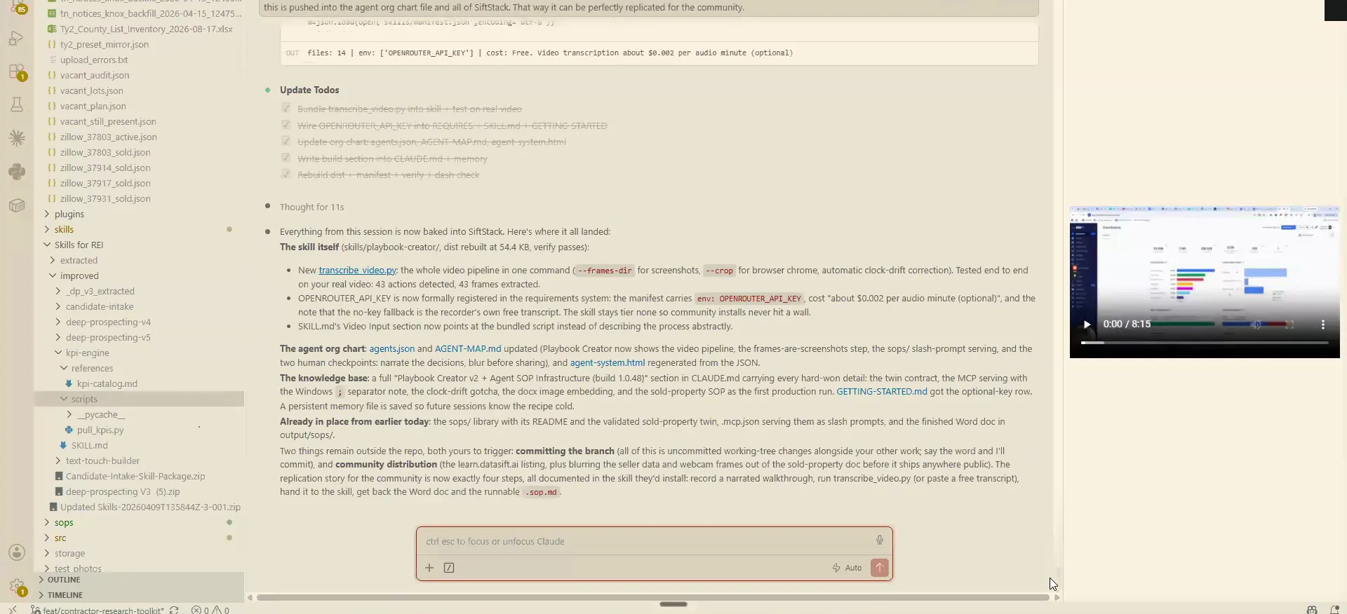 A coding IDE with file explorer, a todo checklist, and notes on the OpenRouter API key.