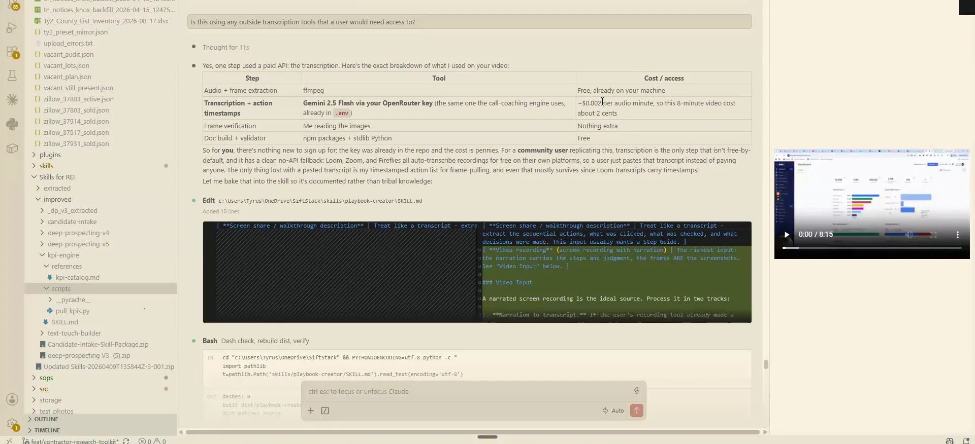 A code editor showing a cost breakdown table for Gemini 2.5 Flash transcription pricing.