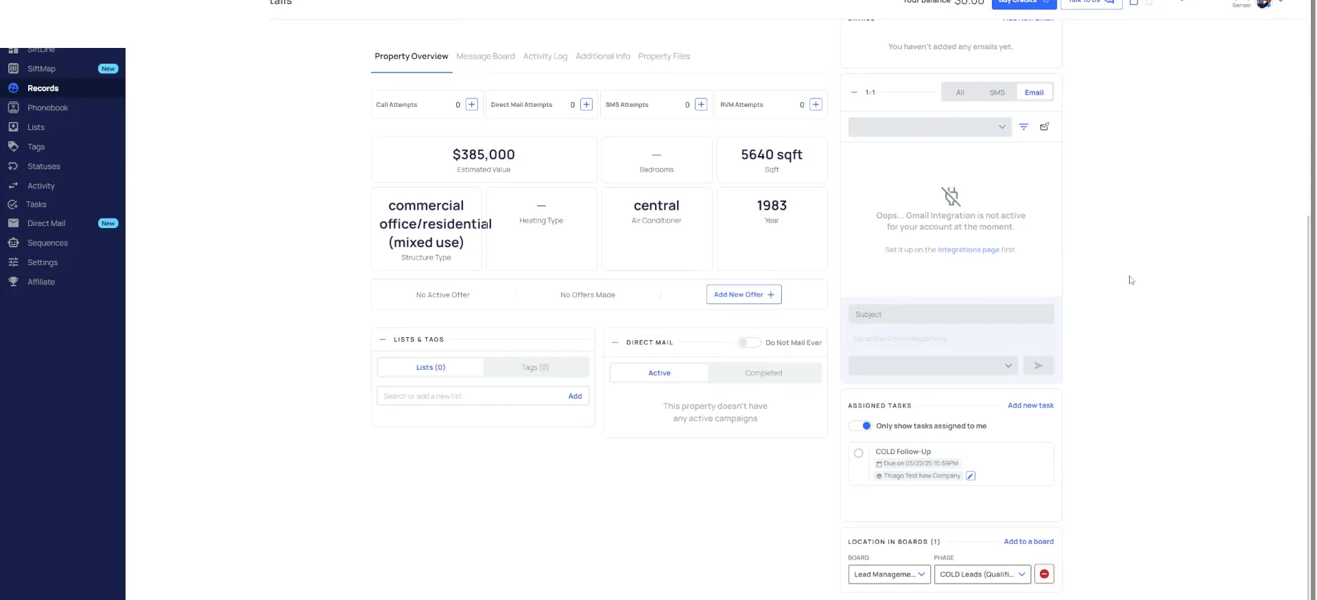 Property overview with figures, communication panels, tasks, lists, and the board placement field.