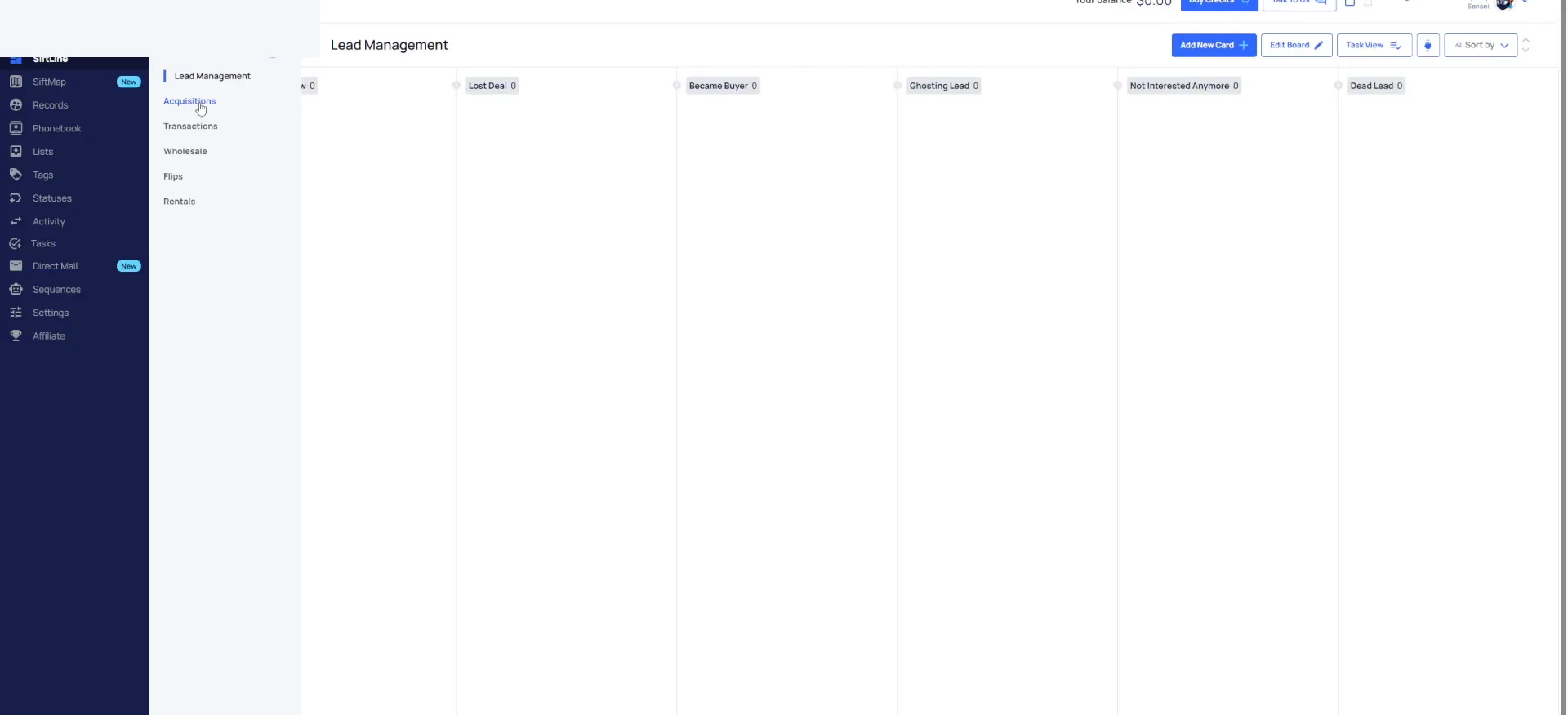 The lead management board with empty status columns, each one showing a zero count.