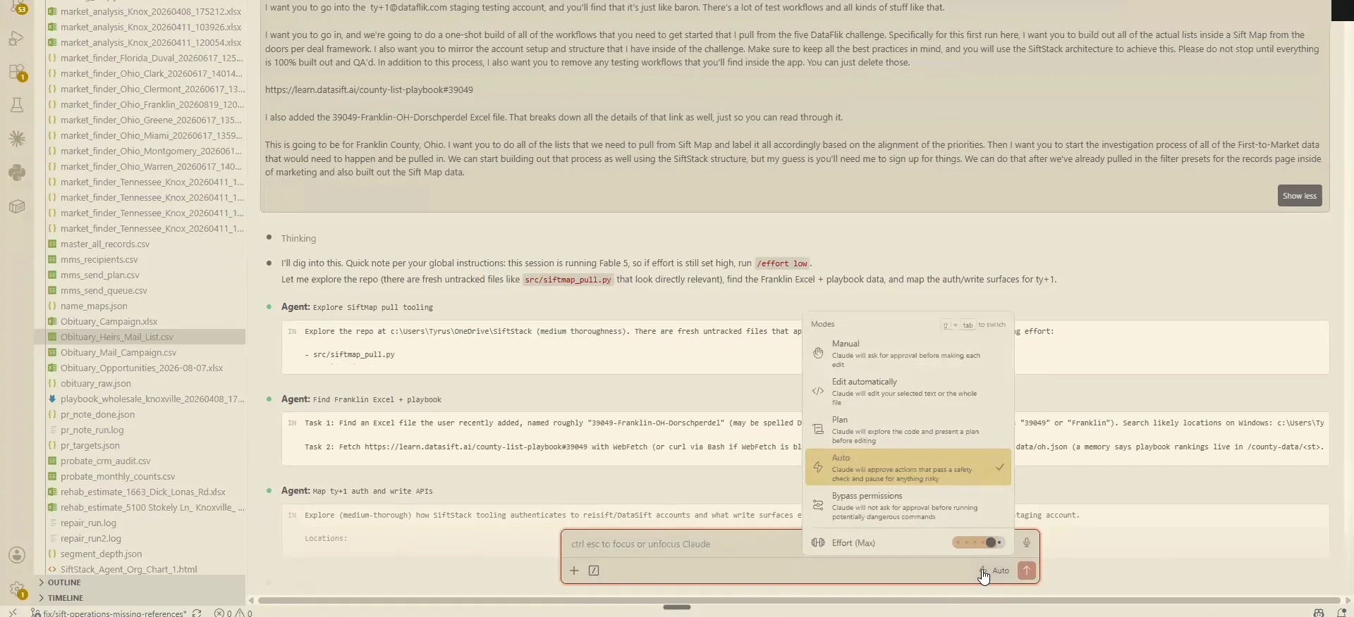 Code editor with file explorer, AI task conversation, and modes menu open on Auto