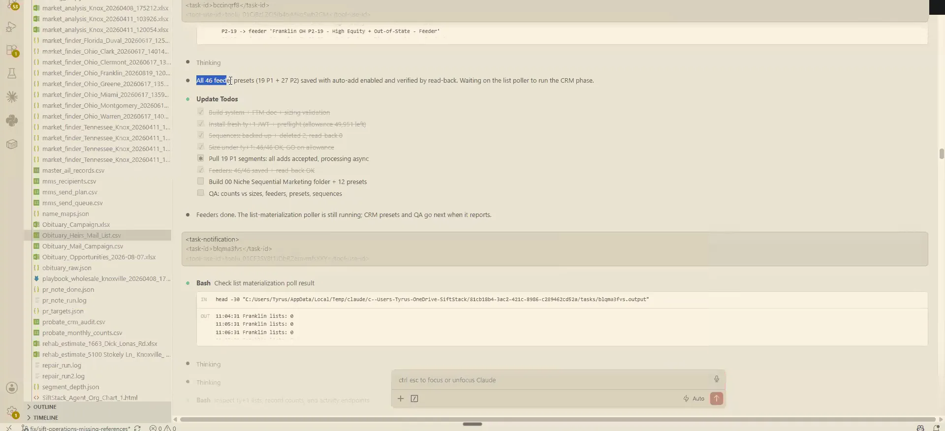 Coding workspace with project files, task updates, checklist entries, and Franklin lists showing zero.