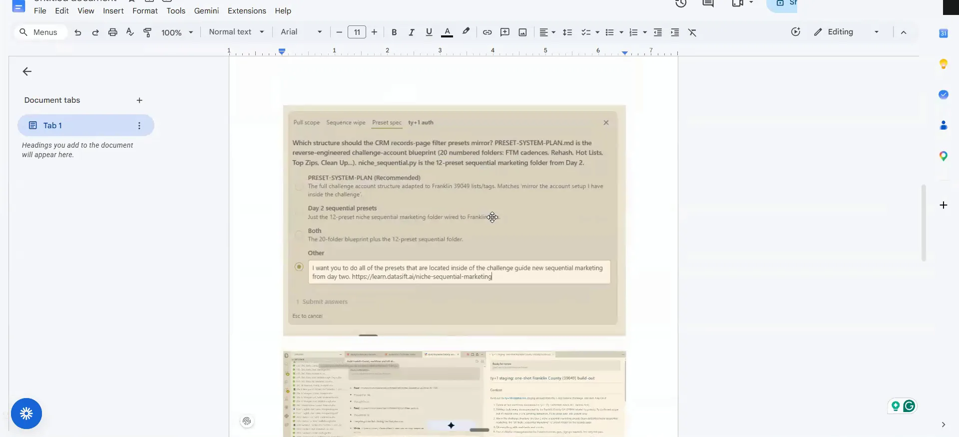 Lesson screenshot in Google Docs with a multiple-choice prompt and an embedded code panel.