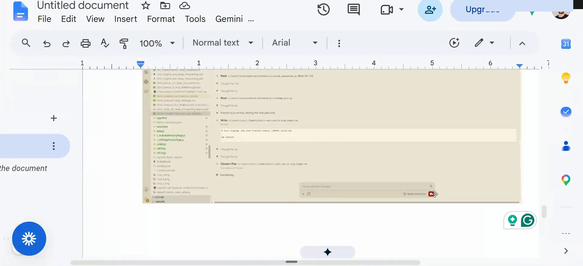 Google Docs showing an embedded coding workspace with files, status messages, and message input.