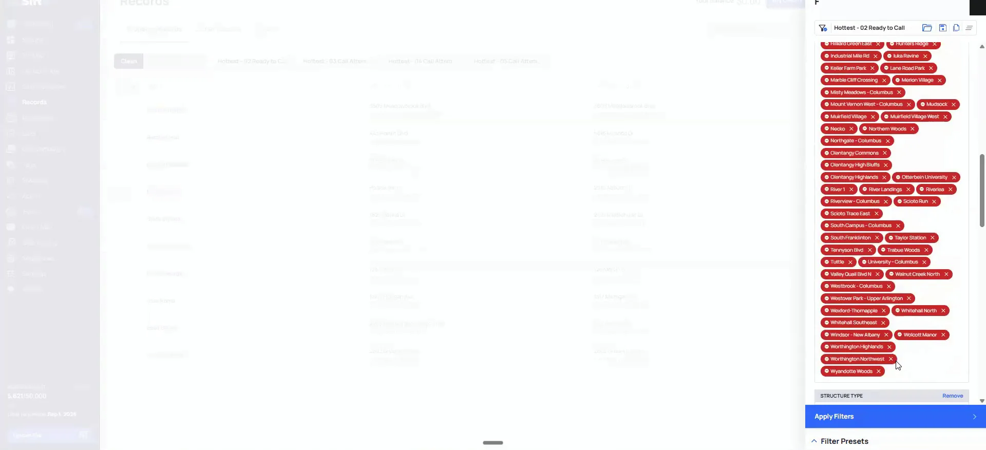 DataSift records screen with a mostly blank table and filter panel of selected area tags.