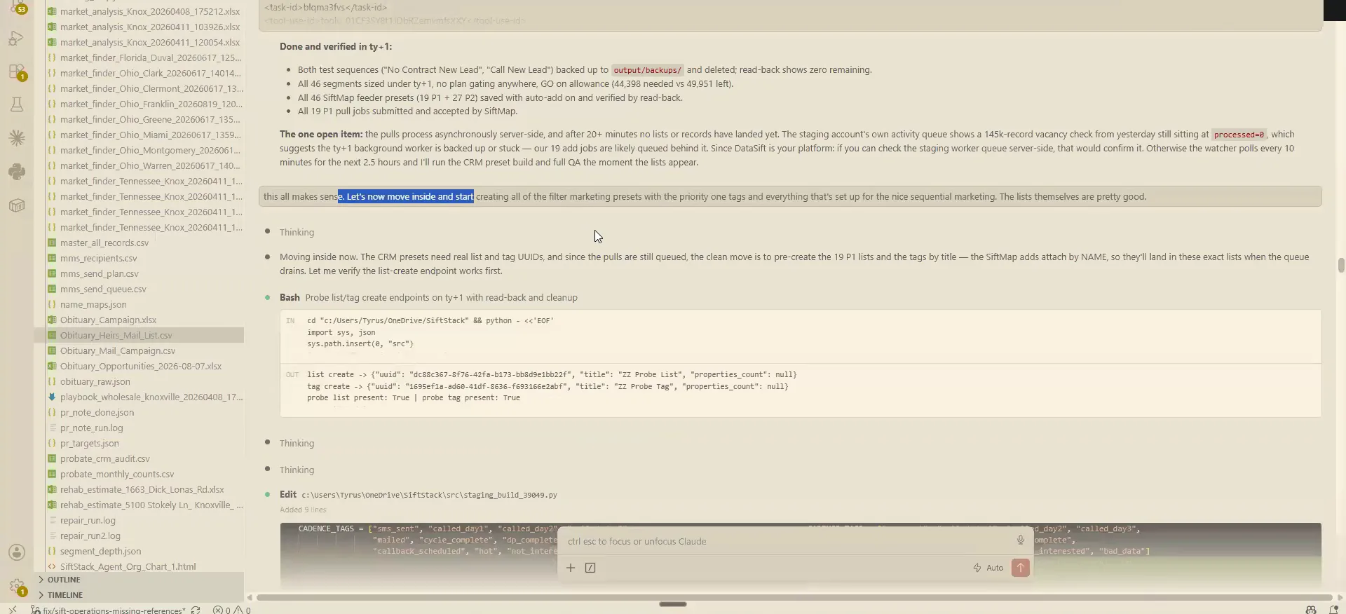 Code editor with project files, task notes, Bash output, 46 sequences and 19 lists.