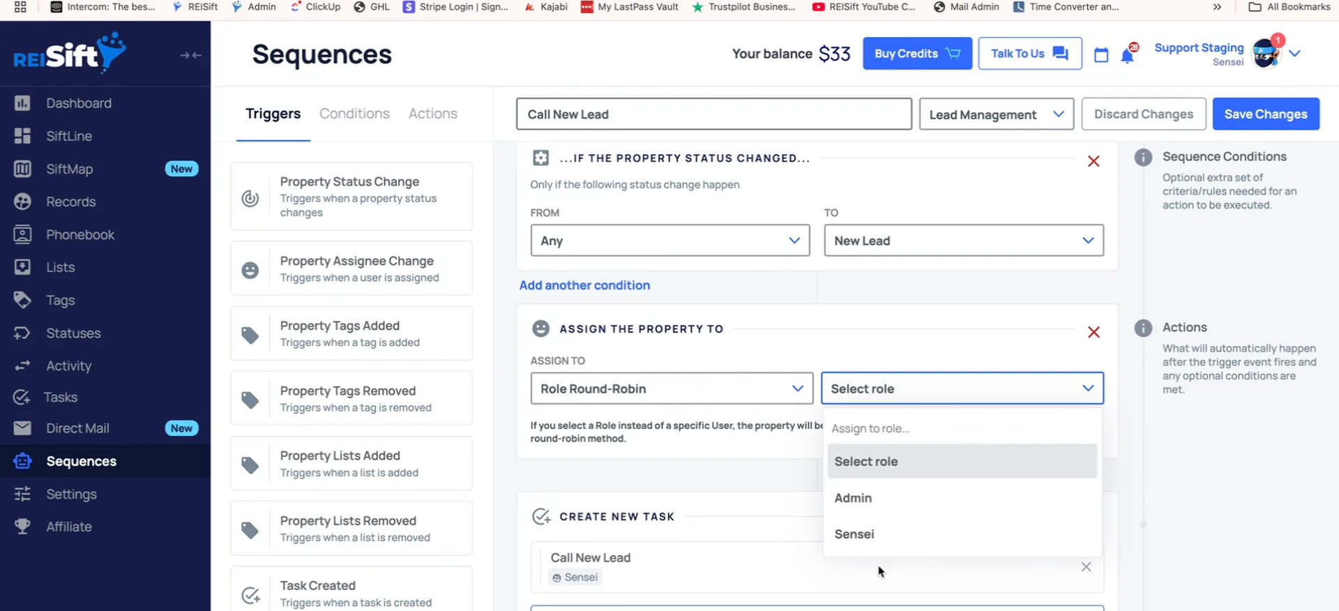 Sequence editor open on the Assign to Role round robin dropdown, showing Admin and Sensei.