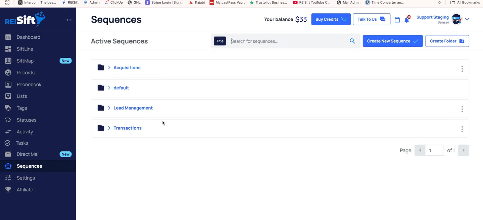 Sequences page listing folders for Acquisitions, default, Lead Management and Transactions.