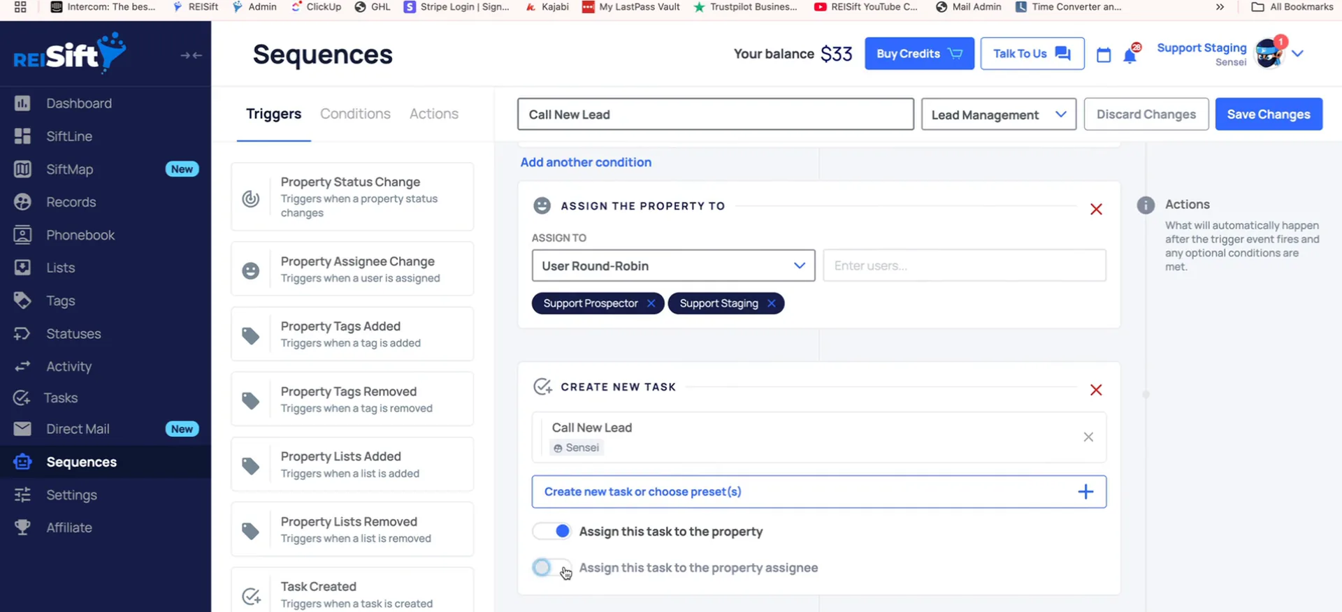 Sequence editor set to User round robin with the assign task to property assignee toggle.