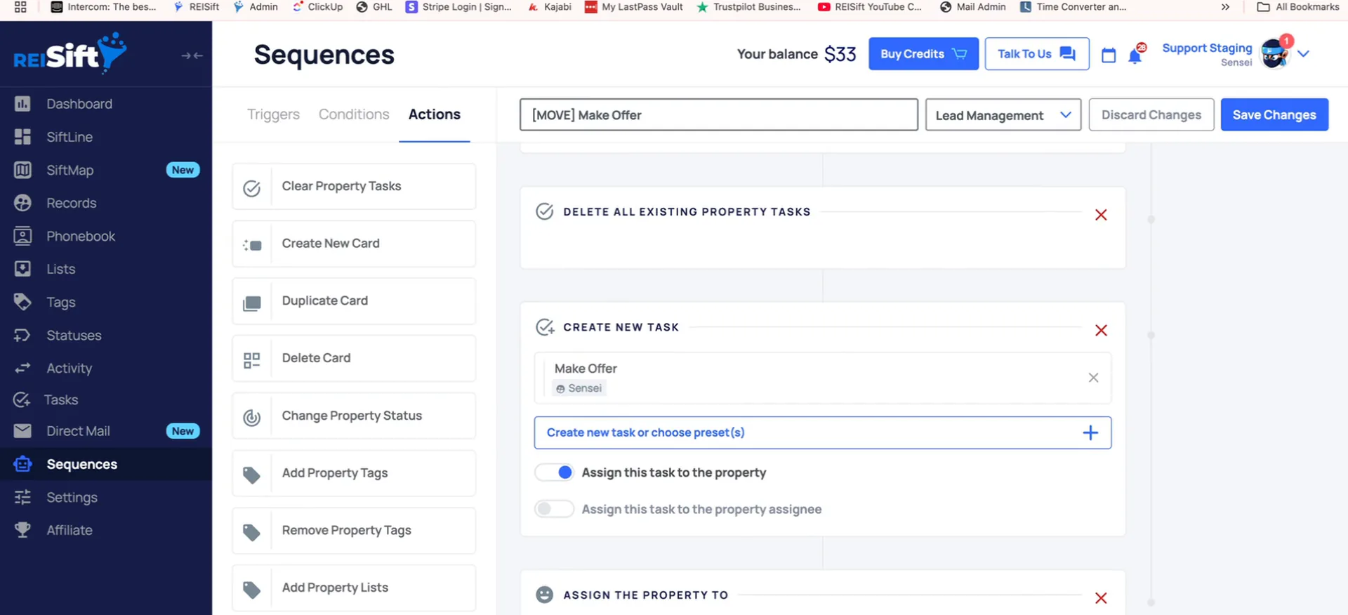 Move Make Offer sequence editor with a create new task action and the assign toggles showing.