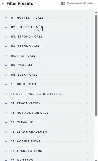 Filter Records panel listing saved presets such as Hottest Call and Strong Mail