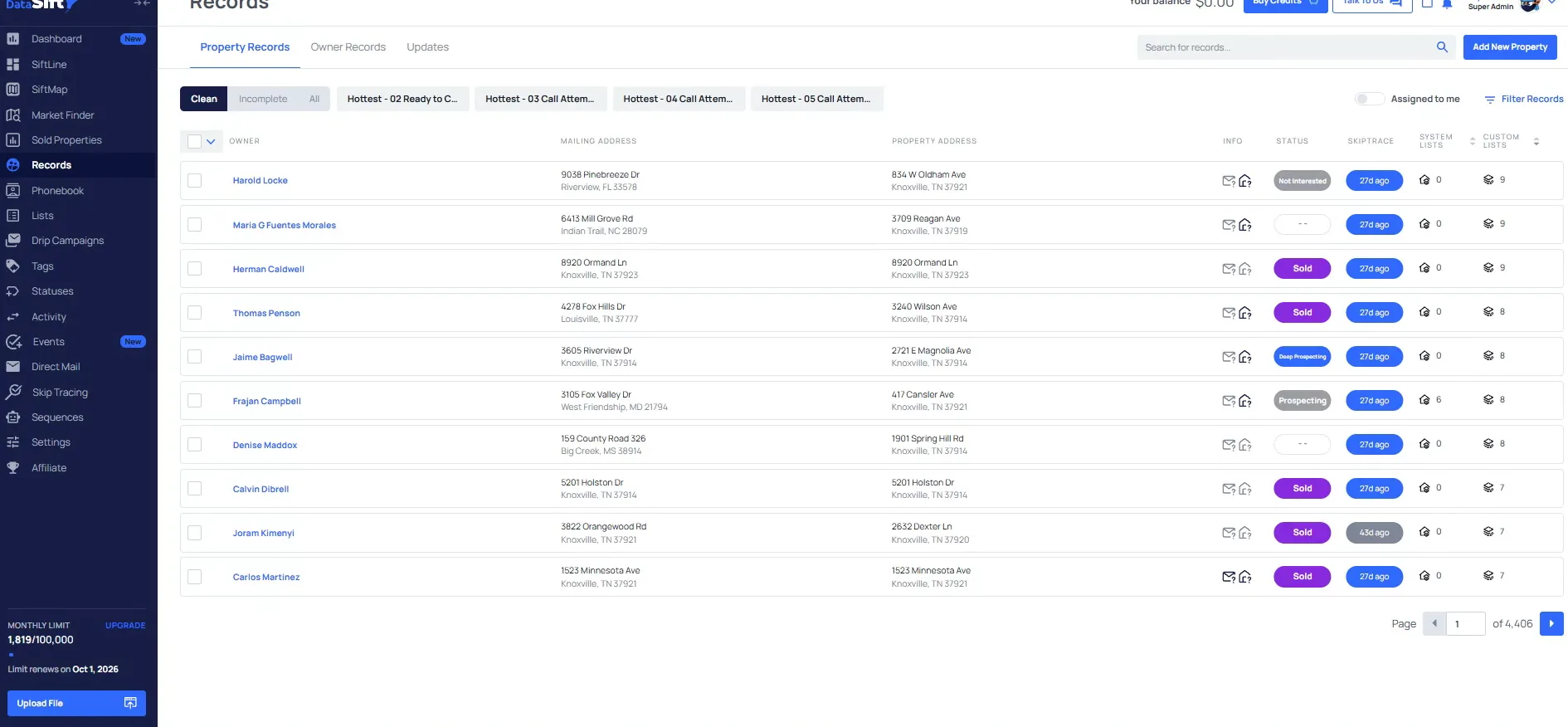 DataSift Records screen with Property Records list and status tabs like Hottest