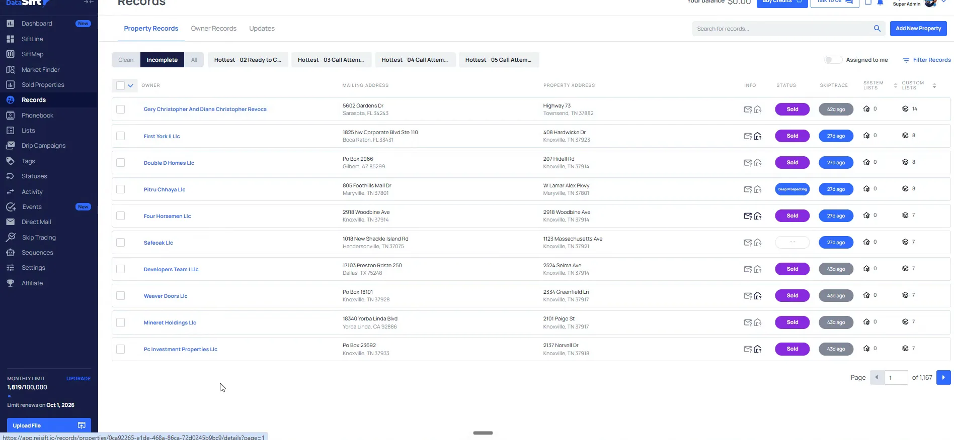 Incomplete tab listing property records whose owners are mostly LLC entities