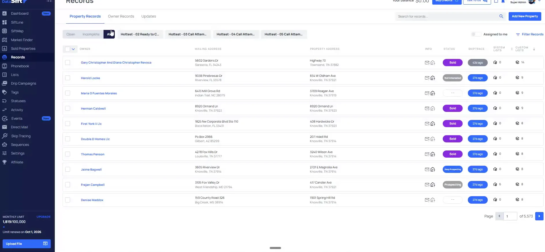 Property Records tab with All selected, owner list mixing individuals and entities