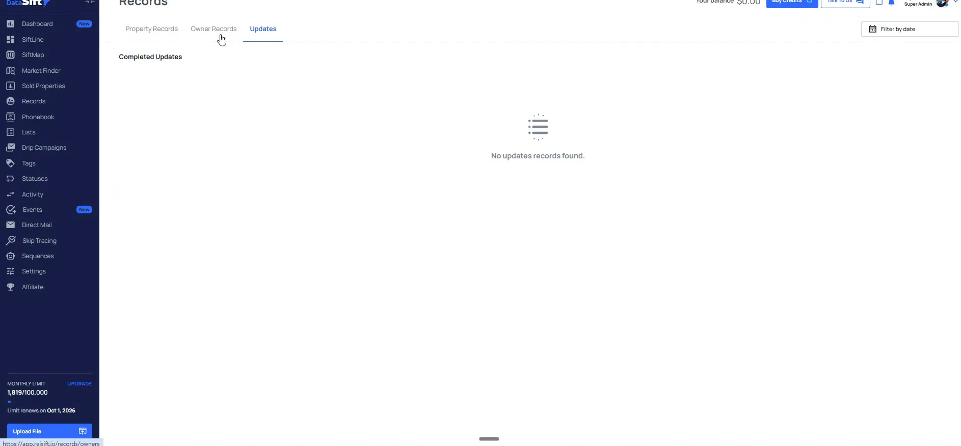 Updates tab on the Records page showing a no updates records found message