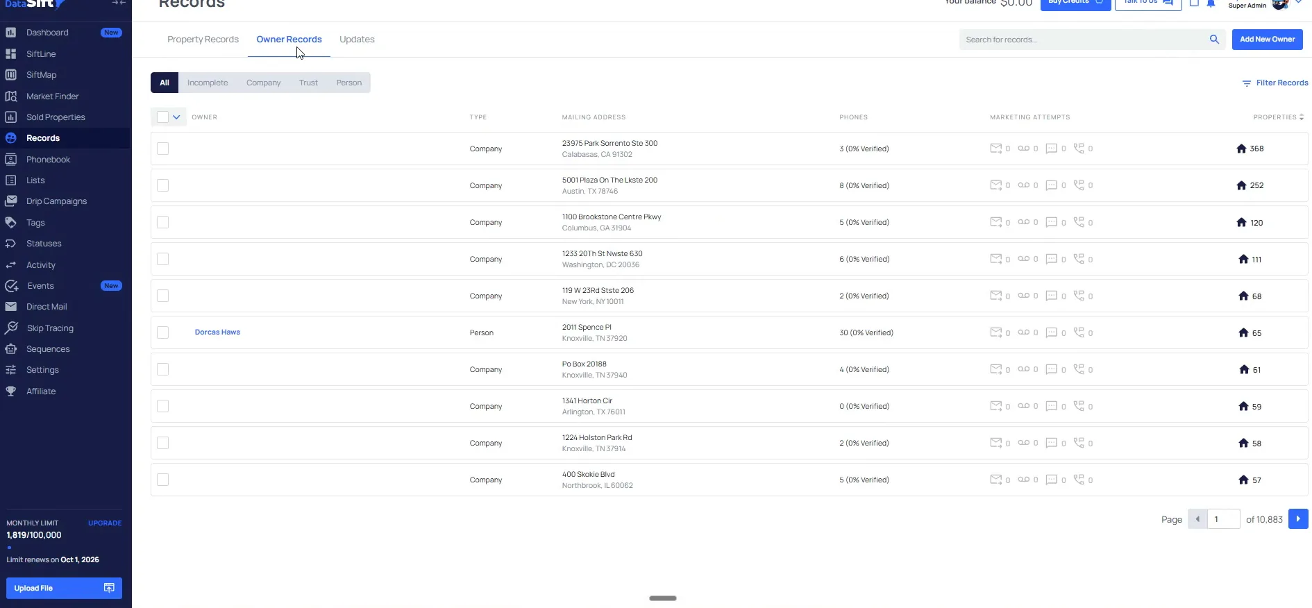 Owner Records tab showing company owners with large property counts, the top one at 368