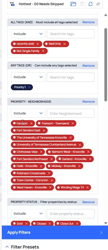 Filter Records panel showing tag and neighborhood suppression lists with the Apply Filters button