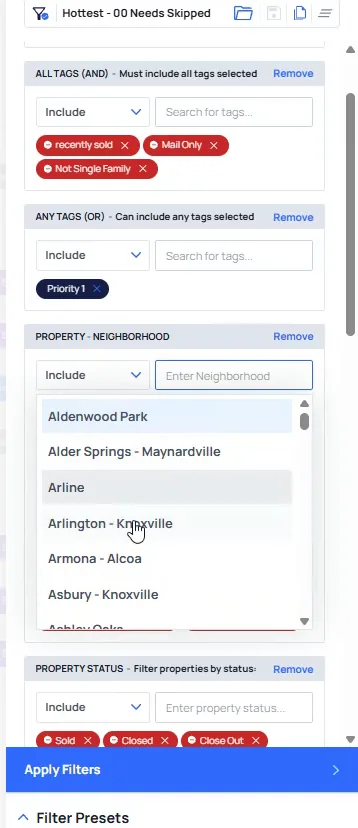Property neighborhood dropdown set to Include with Arlington, Knoxville highlighted in the list