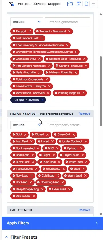 Filter Records panel with neighborhood tags above a Property status block listing sold, closed, closed out