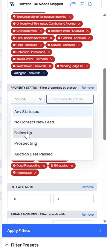 Property status dropdown open showing statuses including Follow Up and Prospecting