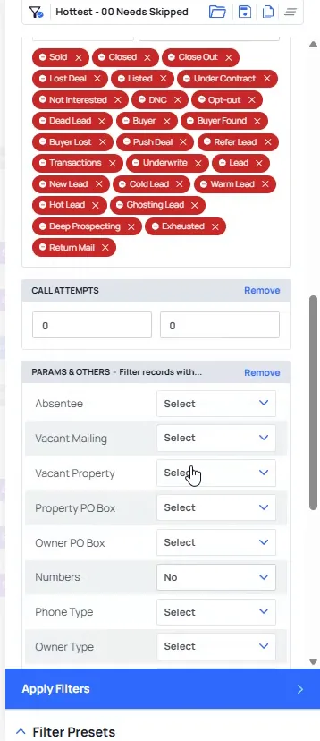 Call attempts block set to zero with the Params filters below it