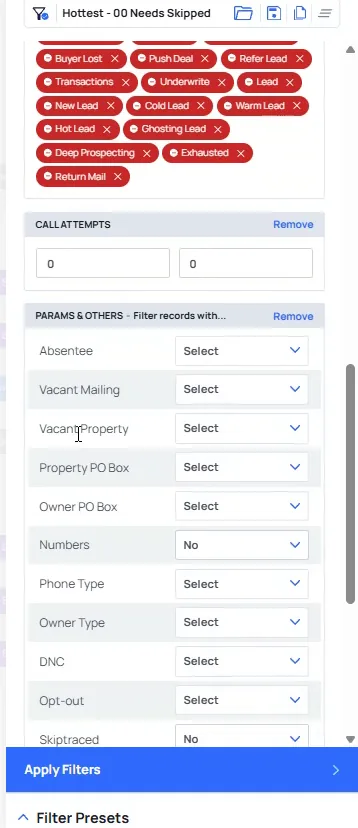 Params and others block with Numbers set to No and Skiptraced showing No