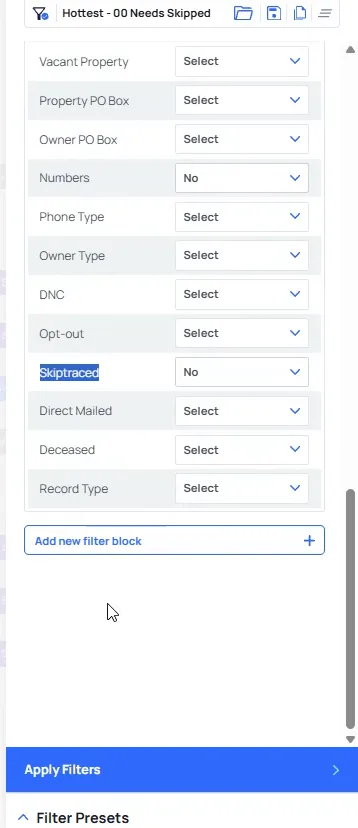 Filter Records panel showing Numbers, Skiptraced and the Add new filter block button