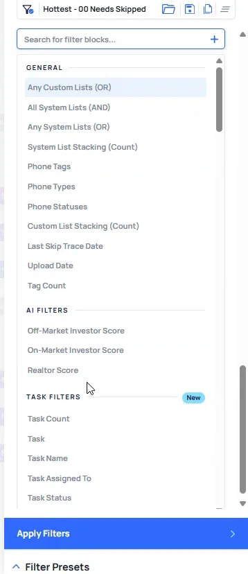 Filter block search box empty with General, AI filters and Task filters categories listed