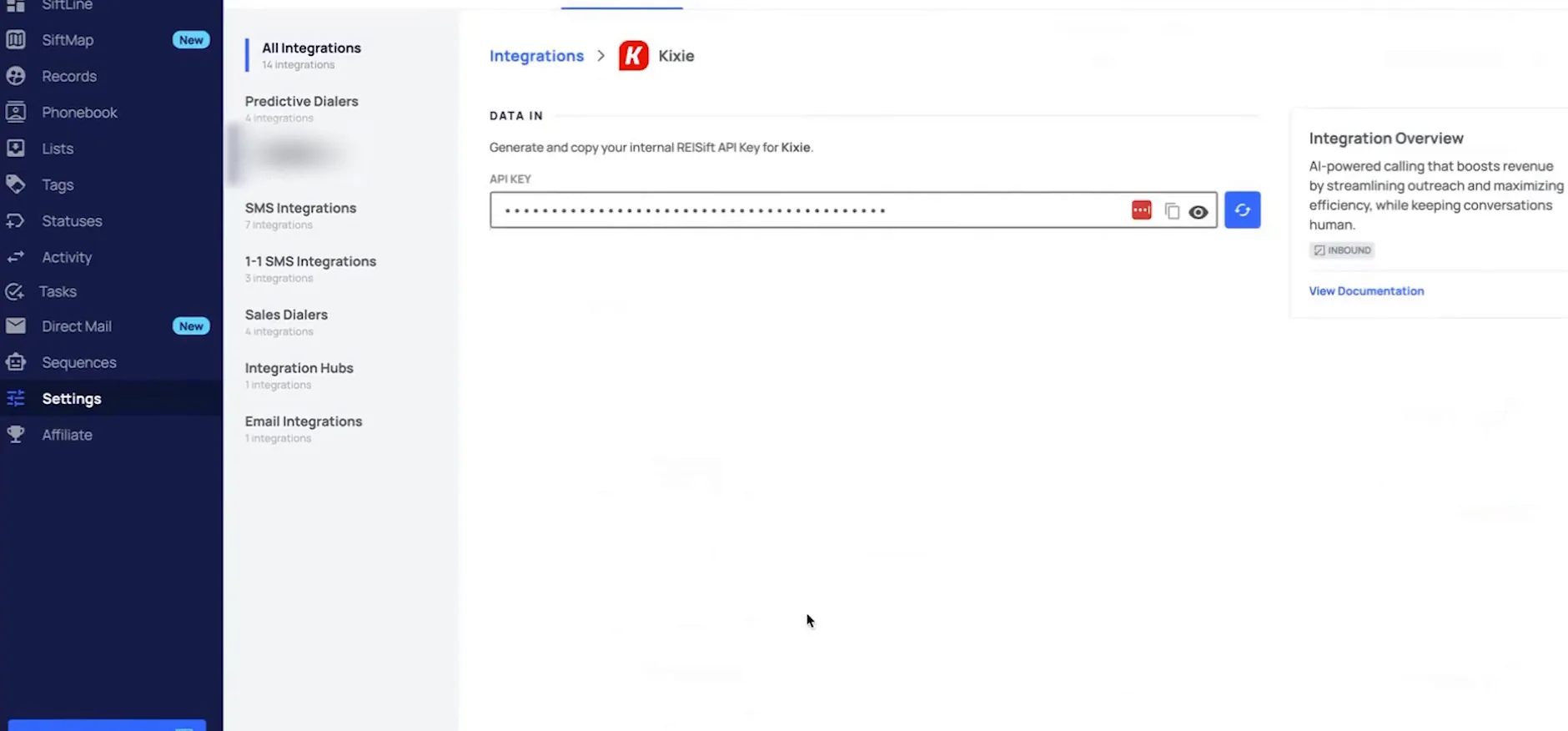 Kixie integration settings page with masked API key field, copy control and eye icon