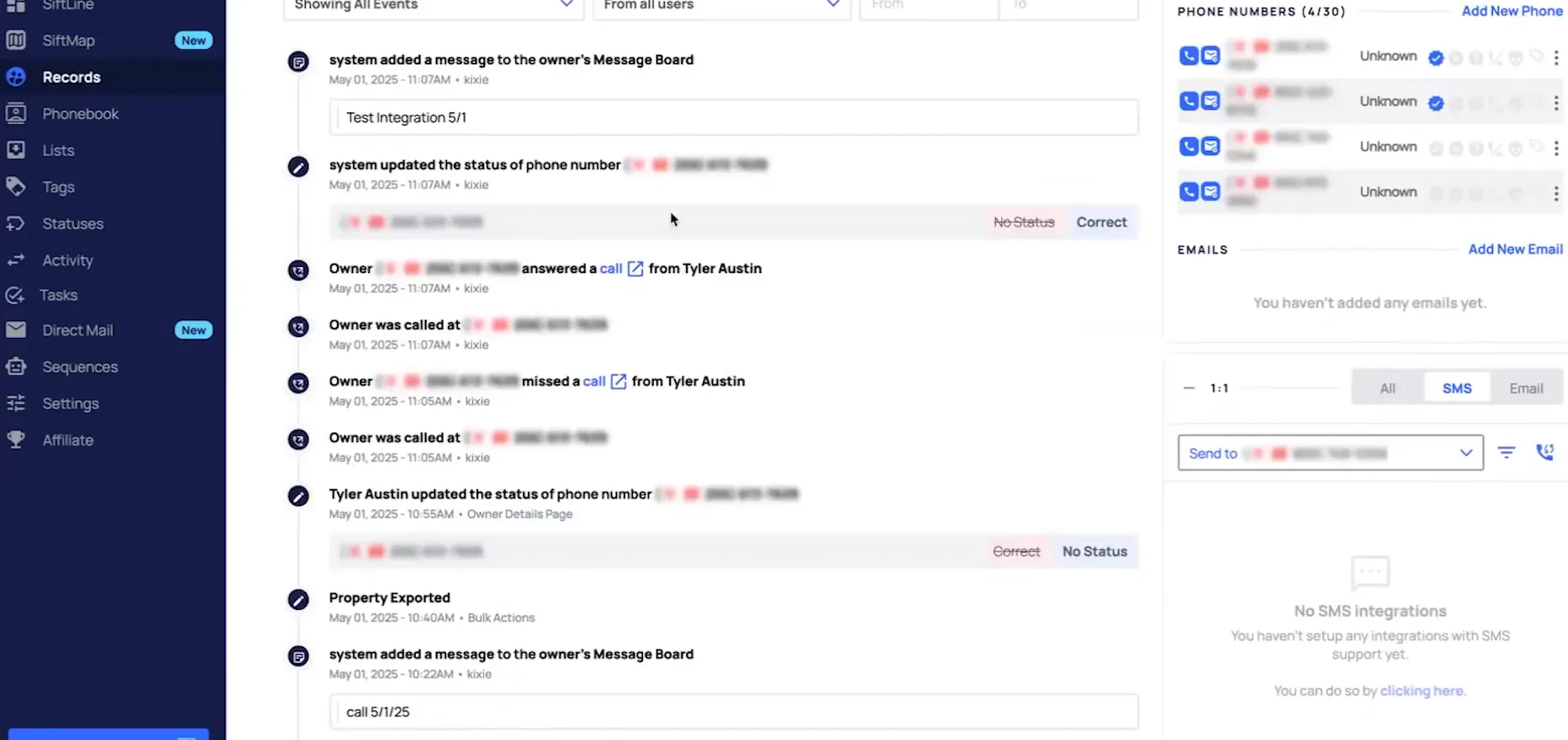Activity log on a property record showing Kixie call and status update events