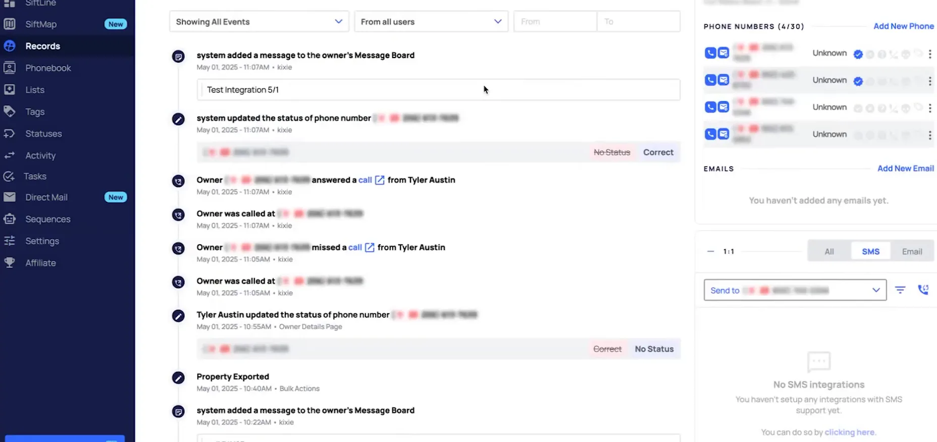 Record activity log with Kixie call and phone status entries beside the phone numbers panel