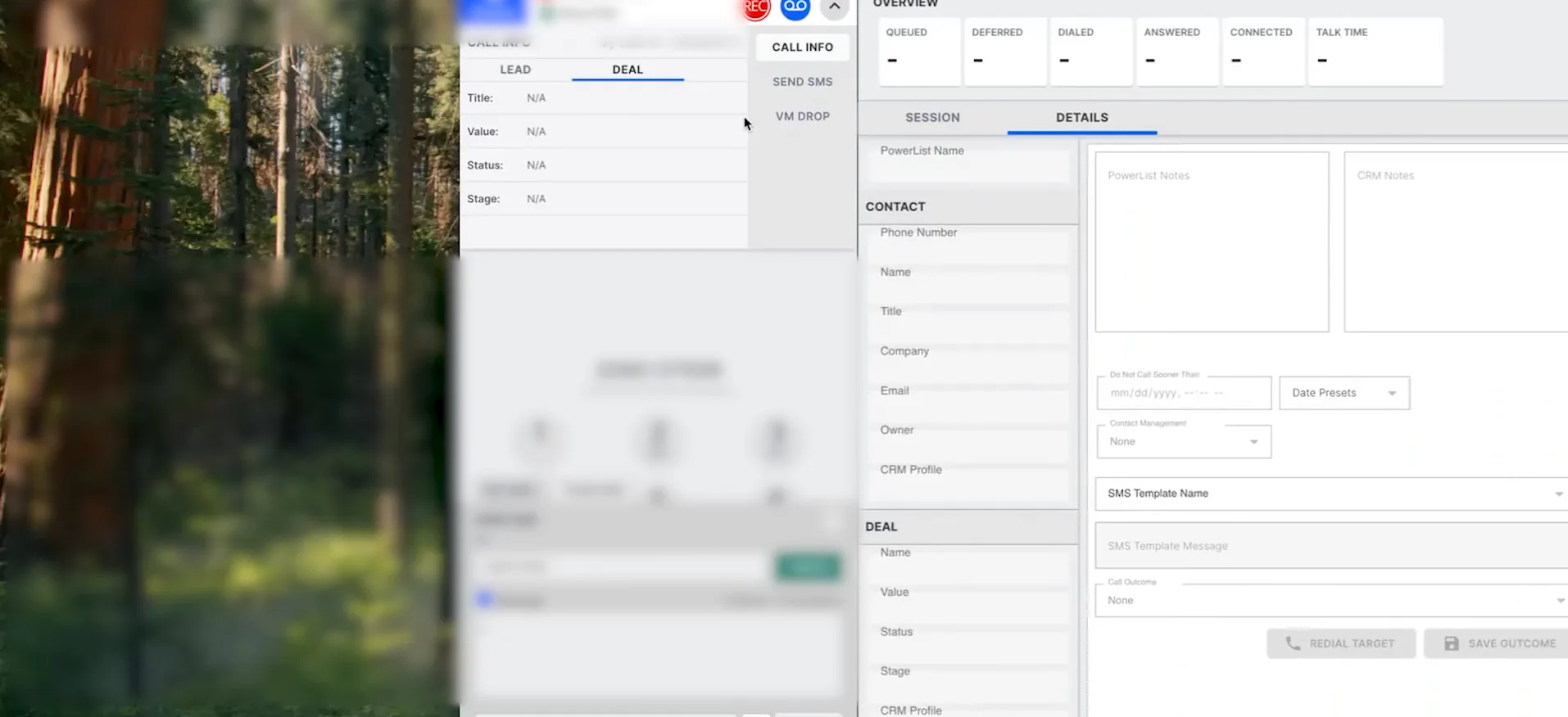 Kixie call panel with Call Info, Send SMS, VM Drop and PowerList details, Save Outcome button