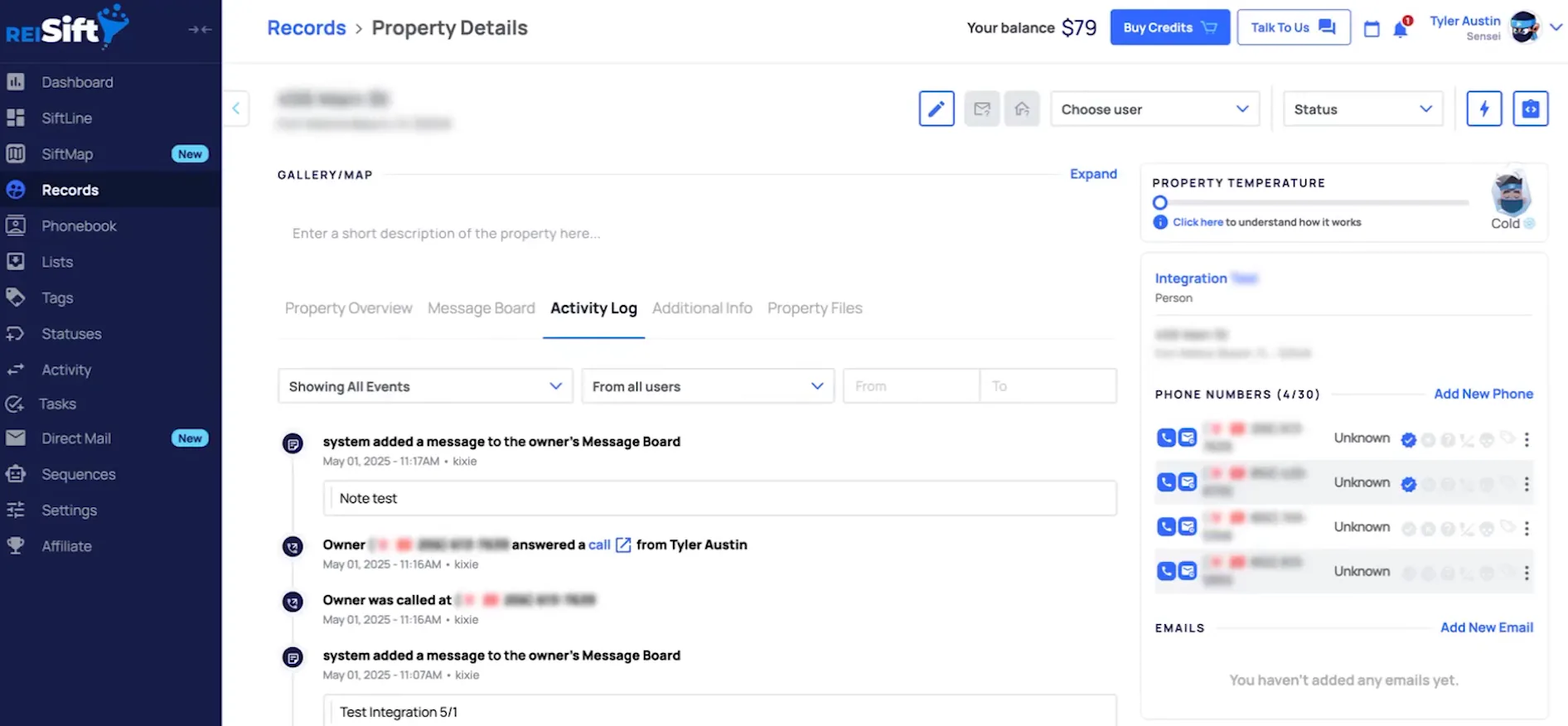 Property record Activity Log tab with Kixie call notes logged automatically