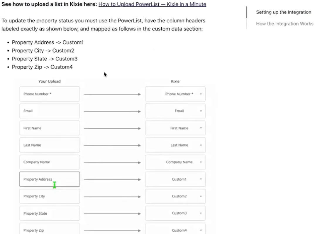 Help page showing Kixie PowerList column mapping instructions with custom field diagram
