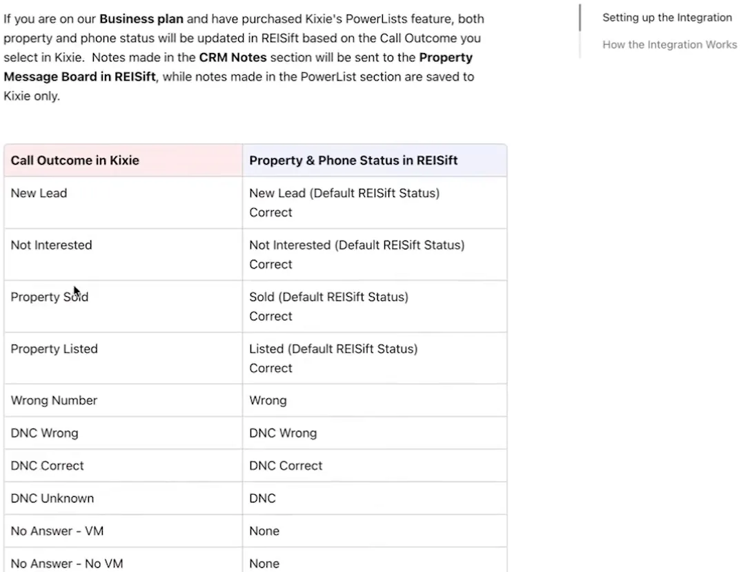 Help center table mapping Kixie call outcomes to DataSift property and phone statuses