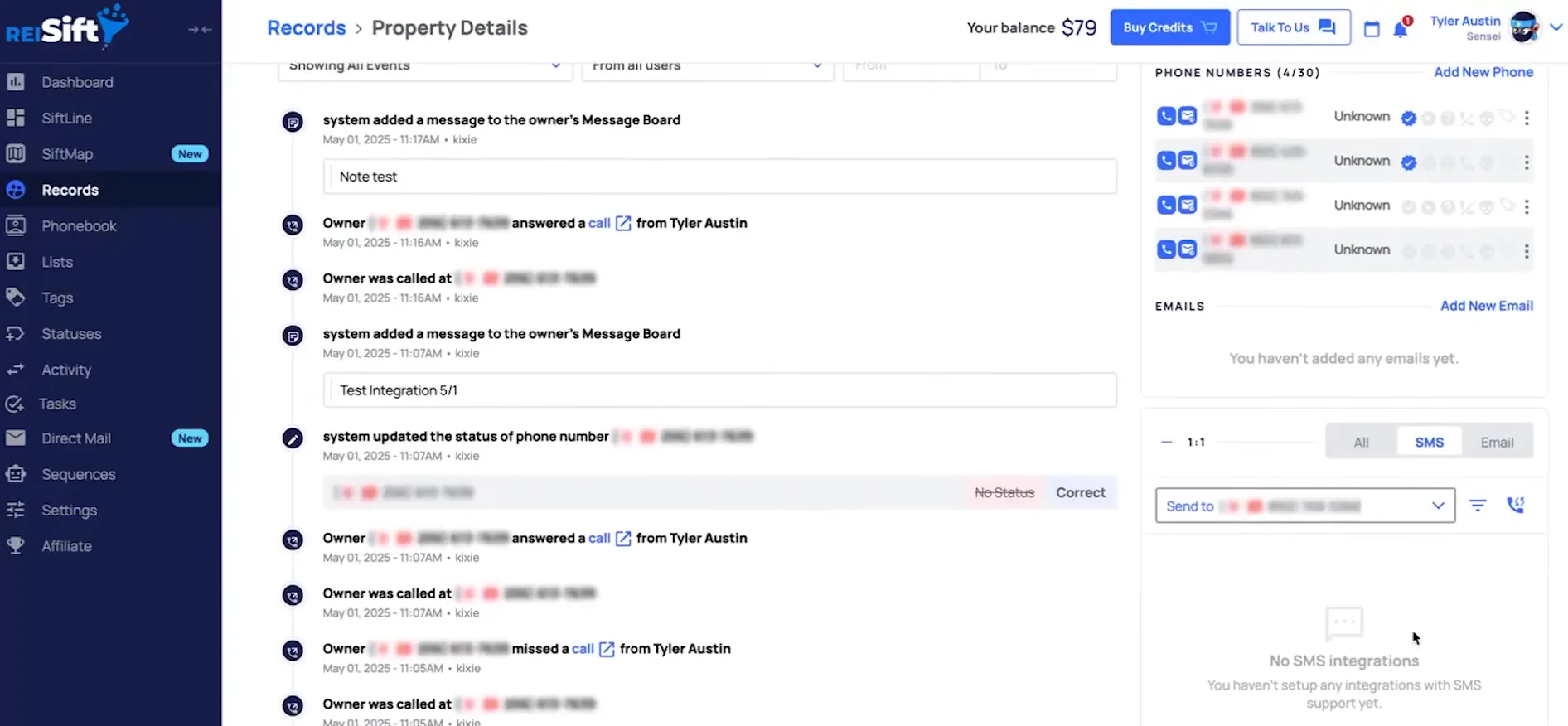 Property details record with SMS panel reading no SMS integrations set up