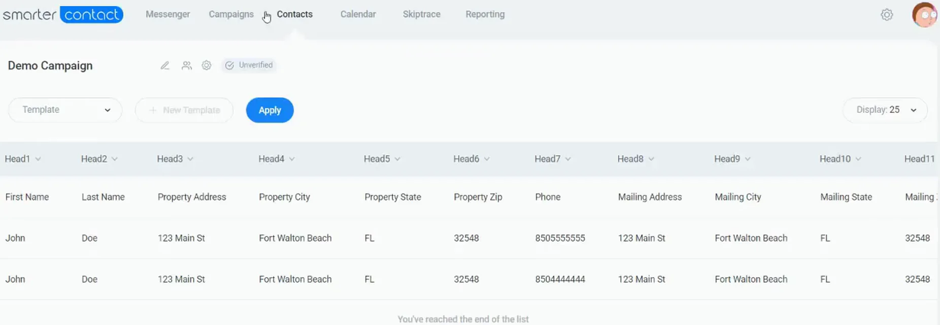 SmarterContact Contacts tab showing the demo campaign with imported records and phone numbers