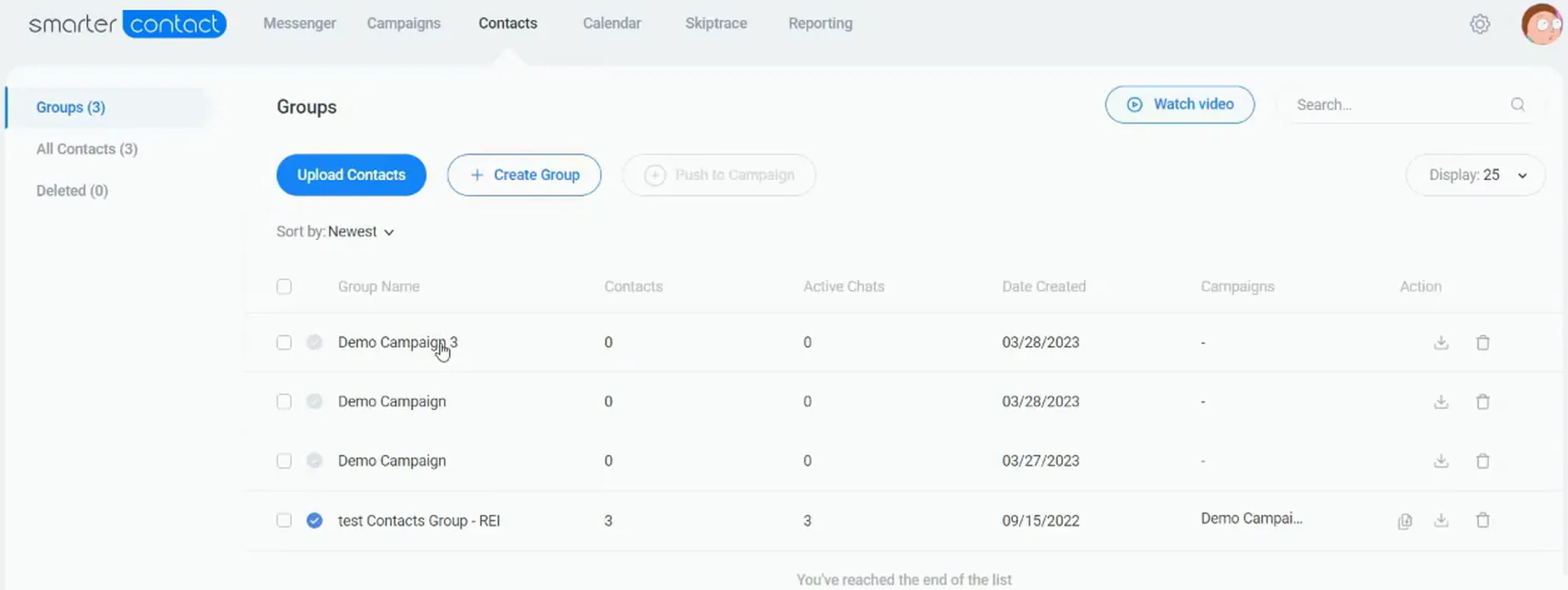 SmarterContact Contacts Groups page listing the transferred test group from REI Sift
