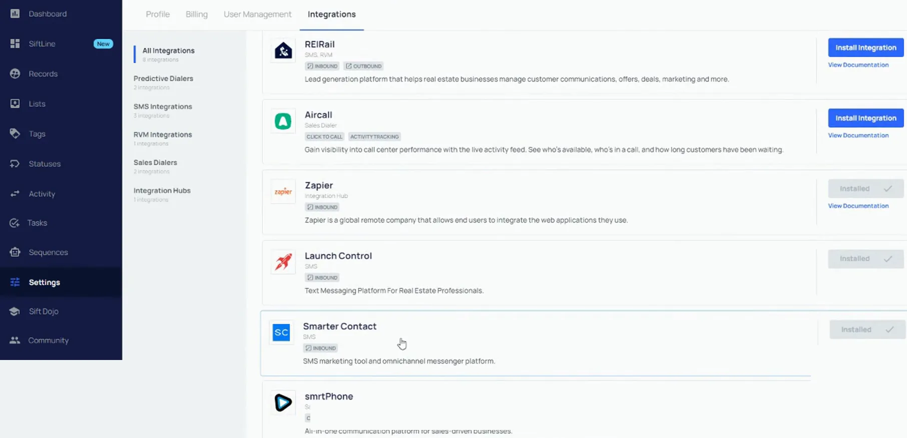 REI Sift settings integrations page with SmarterContact listed and Installed highlighted