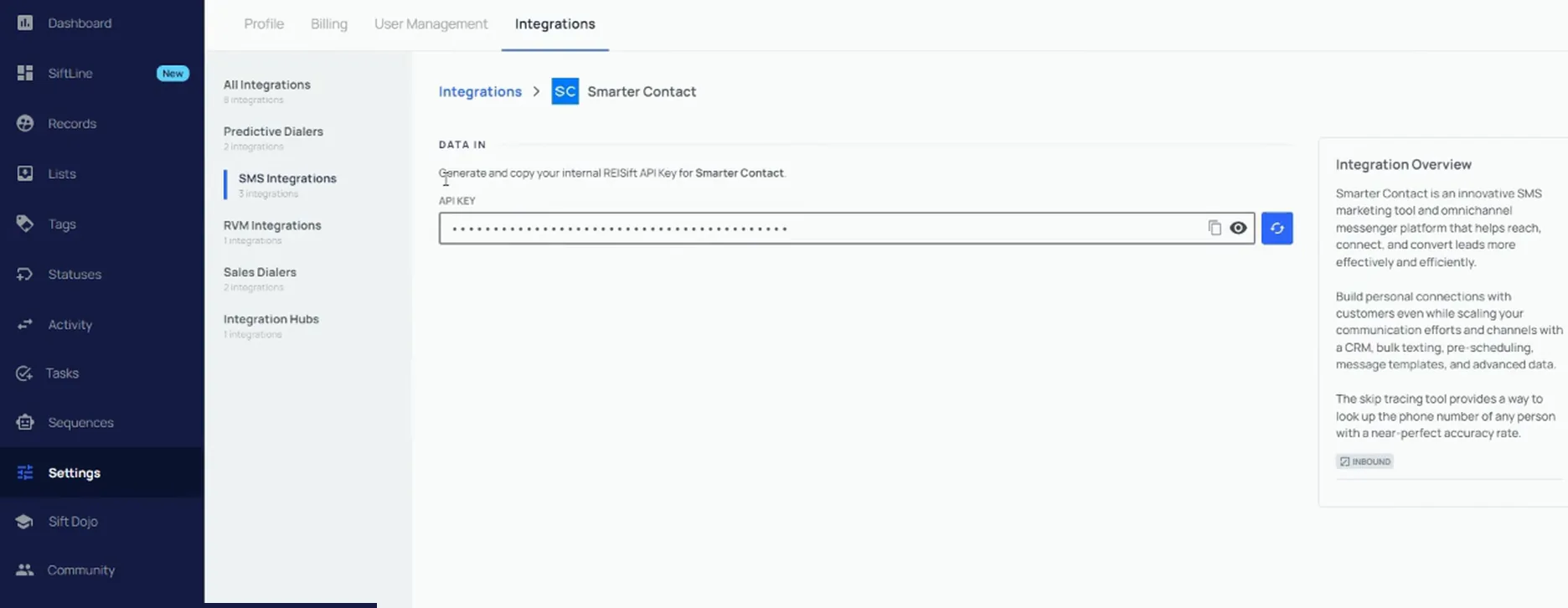 Smarter Contact data in section in REI Sift settings with the API key field showing