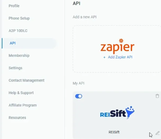 SmarterContact API settings page with the REISift API entry, edit and toggle icons