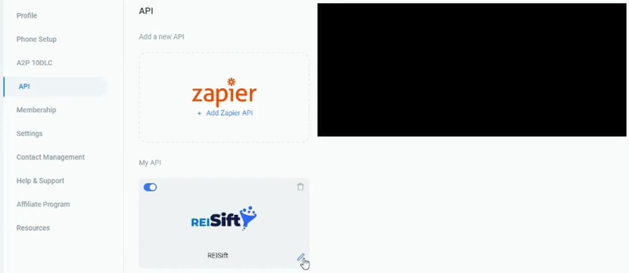 SmarterContact API settings with the edit icon on the REISift API card being clicked