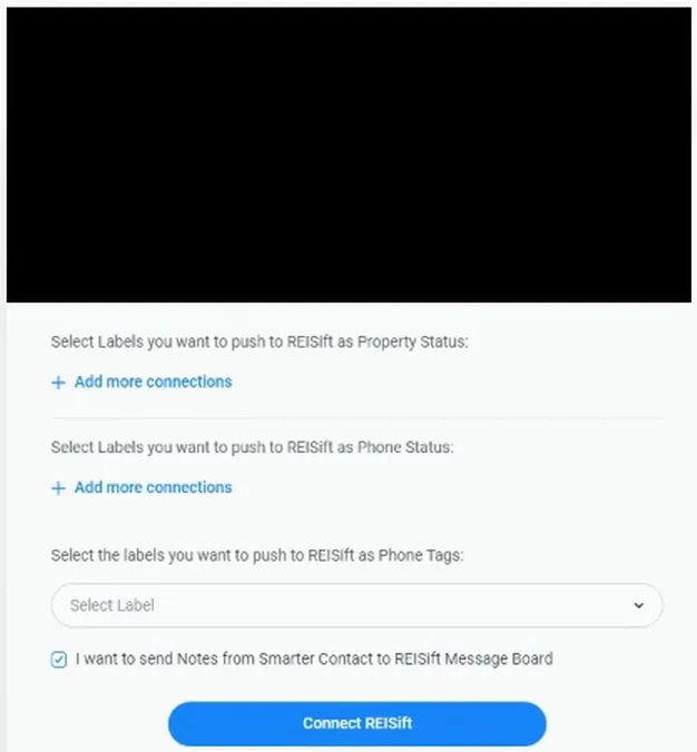SmarterContact integration page with label mapping options and the Connect REISift button