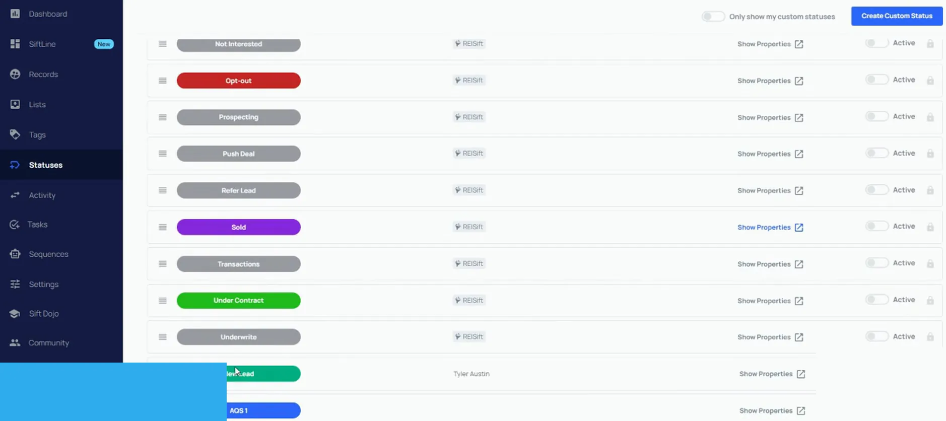 REI Sift Statuses settings page listing custom statuses including New Lead and Under Contract