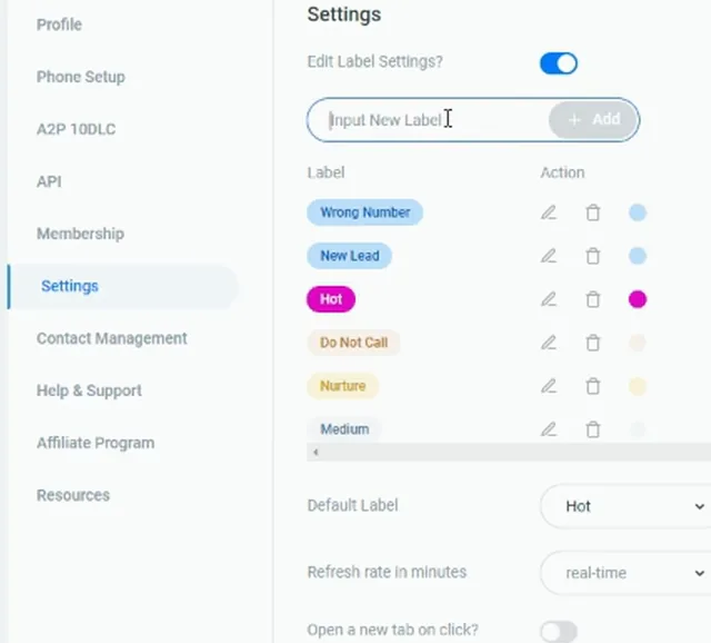 SmarterContact label list showing Wrong Number, New Lead and Hot with new label field open